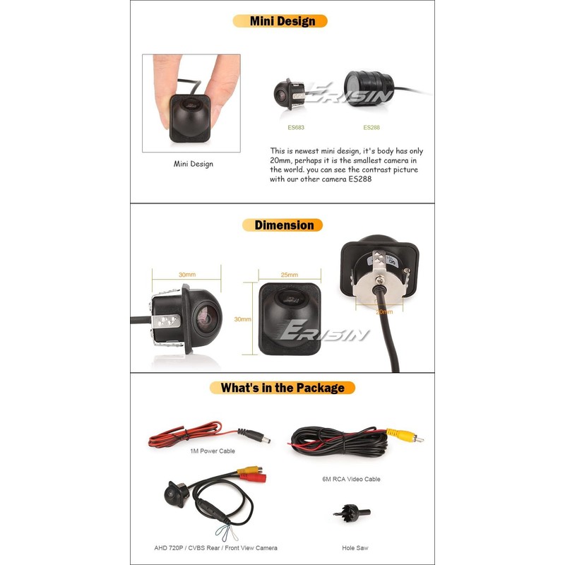 Erisin 150° Fisheye AHD CVBS Car Rear View Backup Front