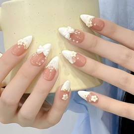 LIyun&Hang 3D Press on Nails French Tip Mediun-Almend Shapes 24Pcs Glossy Full Cover Artificial Fake Nails, Camellia Pearls And Bowknot Charm Design, Reusable Luxury jelly glue Stick On Nails (type-8)