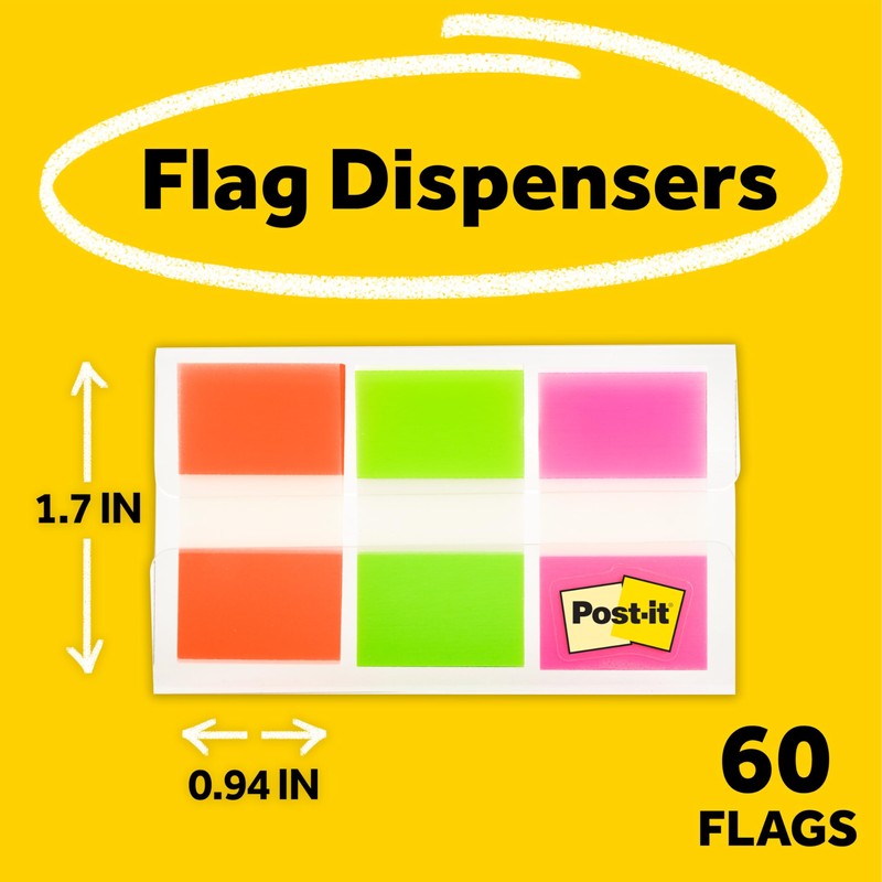 Post-it Flags, 60/On-the-Go Dispenser, 1 Dispenser/Pack, 1 in Wide, Orange,