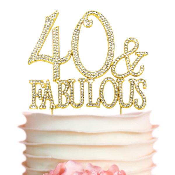 40 decoraciones para tartas – Metal dorado premium – 40 y fabuloso – Decoración de 40 cumpleaños con brillantes diamantes de imitación que hace una gran pieza central – ahora protegido en una caja