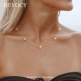 HEVOCY Gold Choker Necklace for Women, Dainty Clover Station Necklaces for Women Trendy Cute Waterproof 14K Gold Plated Stackable Charm Womens Jewelry Perfect Stocking Stuffer & Christmas Gift