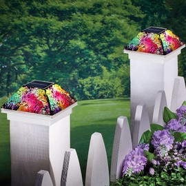 SUNNYPARK 2PK Mosaic Solar Post Cap Lights Outdoor for 4x4, 3.5x3.5 Post Crackled Glass Deck Fence Lamp Weatherproof LED Light Decor in Garden, Yard, Outdoor Table, Balcony, Landscape- Multi-Colored