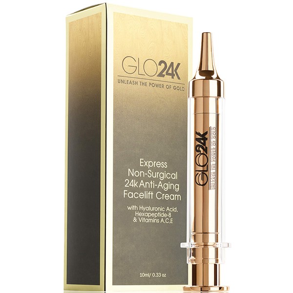 GLO24K Instant Facelift Cream with 24k Gold, Hyaluronic Acid, Peptides, and Vitamins, A,C,E. A powerful non-invasive alternative to injections.