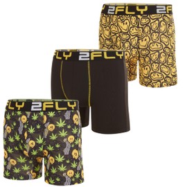 2FLY Mens Boxer Briefs 3 Pack Ultra Soft, Active Stretch Underwear Medium, Flower and Smiley Print