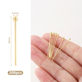 200 PCS Gold Head Pins Set 1.2" Sizes,18K Gold Filled Metal Jewelry Making Pins for Earrings, Bracelets, Necklaces,Ball Head, Flat Head,Eye Pins for DIY Charms, Beading Craft Projects