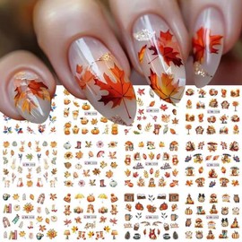 Fall Winter Maple Leaf Animal Nail Stickers for Nail Art - YEFIUO Nail Art Stickers Decals Water Transfer Self-Adhesive Nail Tattoo Stickers Fallen Leaf Nail Art Kits Supplies Decoration (12 in 1)