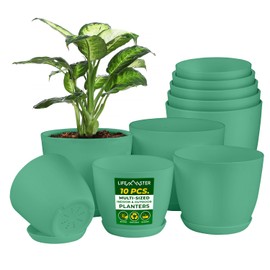 Lifemaster Planter Pots with Drainage Holes - Lightweight, Durable, & Space-Saving Pots for Indoor and Outdoor - Versatile Functionality, Simple Modern Design, Set of 10 Plastic Planter Pots Mint
