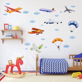 SUPERDANT Colorful Cartoon Aeroplane Wall Stickers Aircraft Biplane Wall Decals Nursery Wall Stickers Vinyl Peel and Stick DIY Art Decor for Kids Boys Bedroom Playroom Classroom