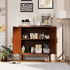 COSIEST 30" W Storage Cabinet with Doors and Shelves, Mid-Century Cabinet with Adjustable Shelf, Accent Sideboard for Kitchen, Dining Room, Living Room, or Hallway (Brown, Line Pattern)