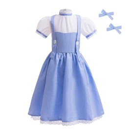 Lito Angels Wizard Book Character Blue Gingham Fancy Dress Up Costume Outfit with Hair Ties for Kids Girls Age 6-7 Years