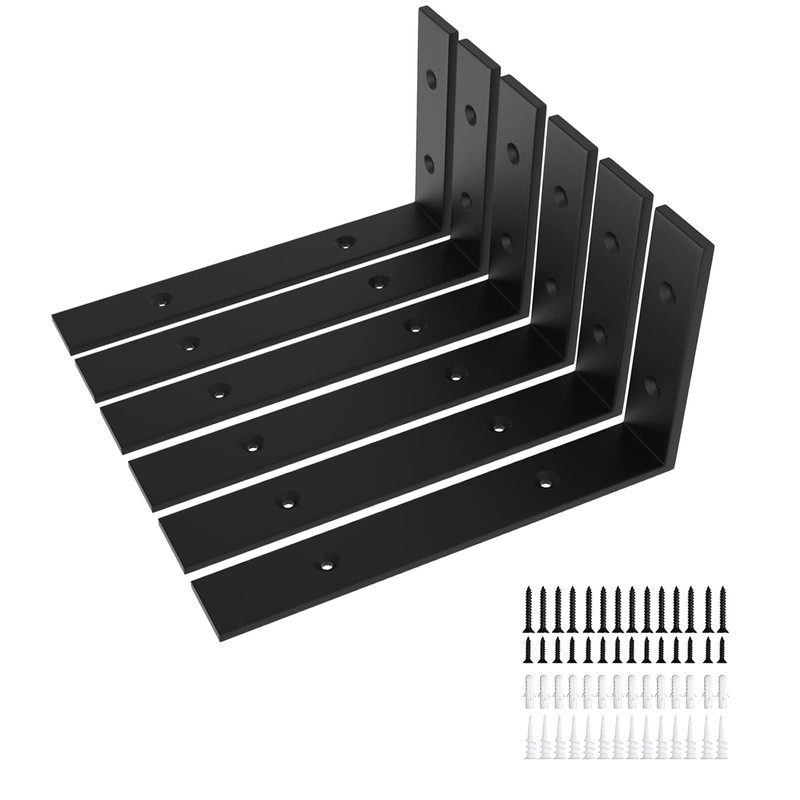 6-Pack Heavy Duty 6-Inch Black Shelf Brackets, L Shelf Bracket