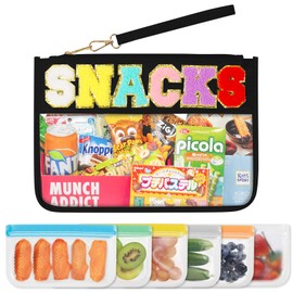 7 Pieces Snack Bags,Clear Zipper Pouch Travel Bag Chenille Letter Makeup Bag Waterproof Flat Pouch Nylon Tote Bag for Women(Black)