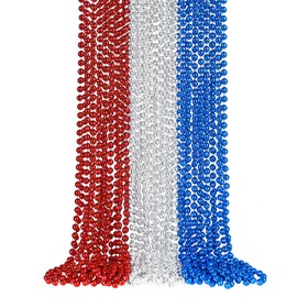 SHAOQINLIN 24 Pcs Patriotic Bead Necklaces, 4th of July Beads Necklaces Bulk 4th of July Accessories 33 Inch Metallic Red/Silver/Blue Beaded Necklaces for Patriotic Day, Carnival Party Favor