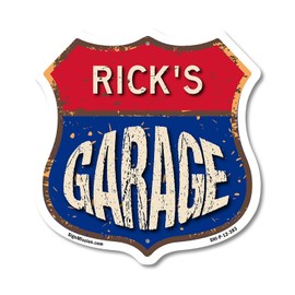 Rick's Garage 12 inch X 12 inch Shield Shaped Commercial Grade Plastic Sign Weather Resistant, UV Protected To last, Gift for Dads and Uncles Classic Americana Crafted in the USA