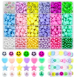 840Pcs Acrylic Heart Star Candy Bead Smile Face Beads Round Pearl Beads, Assorted Plastic Pastel Circle Cute Loose Spacer for DIY Craft Phone Key Chains Bracelet Jewelry Making Necklace (D)