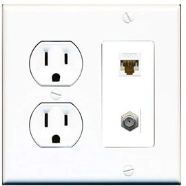 15 Amp Round Power Outlet 1 Port Cat6 Ethernet 1 Coax Cable-TV F-Type Wall Plate White