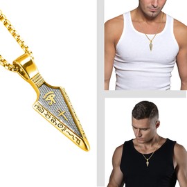 MERTTURM Men's Necklace Eye of Horus, Ankh Egyptian Cross Protection Symbol Pendant Chain Men's Jewellery Stainless Steel + Carbon Fibre Spearpoint Arrowhead Pendant with Gift Box, Gold, Black,