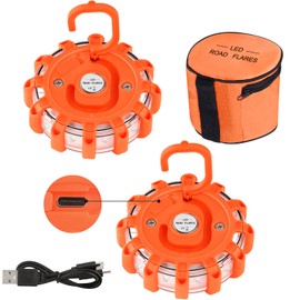 Vancle USB C Rechargeable LED Road Flares Emergency Lights Roadside Warning Car Traffic Safety Beacon Flashing Disc Flare Kit Strobe with Magnetic Base for Construction Vehicles Truck Boat, 2 Pack