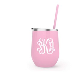 Light Pink Stemless Wine Steel Tumbler with Scroll Monogram