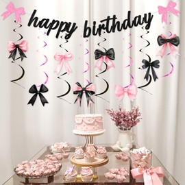 Jollyboom Black and Pink Bow Birthday Party Decorations, Coquette Happy Birthday Banner Bowknot Hanging Swirls for Women Girls Girls Coquette Party Supplies