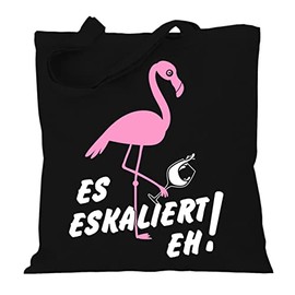 Fabric Bag Jute Bag Long Handle with Saying Flamingo Es Escaliert eh, black