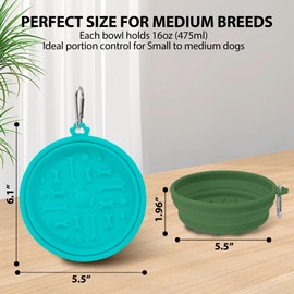 PawSailor 2-Pack Collapsible Dog Bowls with Suction Cups & Scraper - 16oz Travel Pet Bowls for Food/Water, Non-Slip Feeding Dish for Dogs, Includes Carabiner Clip Cyan-Olive Green