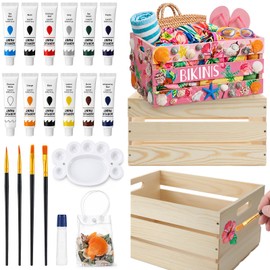 Huwena 2 Pack DIY Bikini Box Kit- DIY Painting Bikini Bin, 16 * 12 * 8in Wooden Crates with Shells, Paint for Crafts Assembly Summer Pool Basket for Hawaiian Tropical Beach Storage(2 Pack)