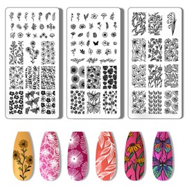 PH PandaHall 3pcs Nail Stamping Plate Flower Leaf Nail Stamper Plant Nail Stencils Tip Nail Stamp Tool Print Nail Stencils Stainless Steel Nail Image Plates for Nail Art Design Manicure Salon