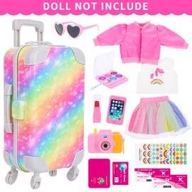 American 18 Inch Doll Accessories Rainbow Suitcase Luggage Travel Set Doll Playset - 14pcs Pink Fashion Doll Clothes and Makeup Accessories Travel-Themed Accessory Playset