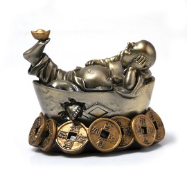 Lachineuse - Laughing Buddha Fortune Statuette - Lying Buddha Statue 11cm Color Gold & Bronze - Feng Shui Decoration - Chinese Zen Indoor Ornament Gift Idea China Asia