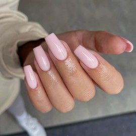 SXVME Pastel Pink False Nails Long Square, Acrylic Press on Nails Long Medium Coffin, Glossy Gel Fake Nails Press on, Solid Color Square Tip Nails Stick on Nails For Women Daily Wear, 24 Pcs