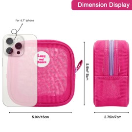 DOB SECHS Small Mesh Makeup Bag for Purse Thickened Square Mesh Cosmetic Bags with Colored Zipper for Women, Cute Mini Toiletry Pouch for Travel, Daily Accessories Organizer Pencil Case, Hot Pink