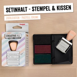 Trodat Creative Mini Stamp Set Decorative Strips for Creative Design - 12 Imprints, German, Creative Stamp in Pastel Cream Including Ink Pad in Pink, Black, Green, 30 x 5 mm