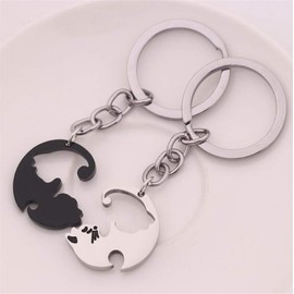 [Y-YING] Lazy Cat Pair Key Chain Key Ring Cute Cat Keychain Pack of 2, Color------Silver + Black
