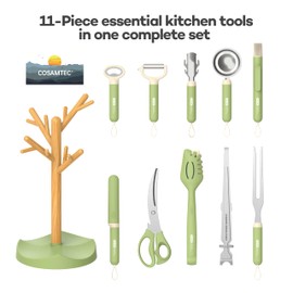 Cosamtec 11 Pcs Cooking Utensils Set Stainless Steel Kitchen Gadgets with Nylon Handle Heat Resistant Kitchen Tools with Aesthetic Utensils Hanging Rack