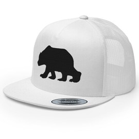 RIVEMUG BW California Bear Embroidered Flat Bill Trucker Hat High Crown Adjustable Bear Cap White