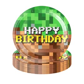 Fesnova 9 Inch Pixel Dessert Plates, Pack of 10 Dinner Plates for Video Game Birthday Party, Baby Shower, Kids and Teenagers, Video Game Mining Crafting, Pixel Miner Birthday Party Decorations