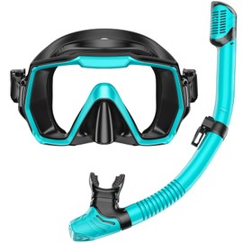 Snorkel Set Adults Snorkeling Gear Anti-Leak and Anti-Fog Tempered Glass Lens Panoramic View Swim Mask Dry Top Snorkel Kit for Snorkeling Scuba Diving Swimming Travel with Carry Bag