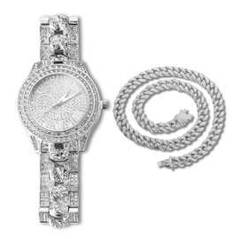 Halukakah Diamond Gold-Plated Watch, Men's 18 Carat Real Gold Plated/Platinum White Gold Plated Cuban Chain Band Quartz Bracelet 24 cm with Cuban Chain 20 cm Bracelet + 45 cm Necklace, Laboratory