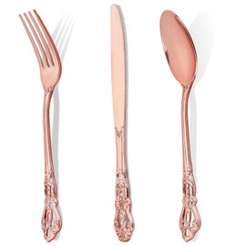 Joyido 300PCS Rose Gold Plastic Silverware - Heavy Duty Elegant Disposable Utensils - Vintage Rose Gold Cutlery Set Includes 100 Forks, 100 Spoons, 100 Knives for Dinner Parties Weddings