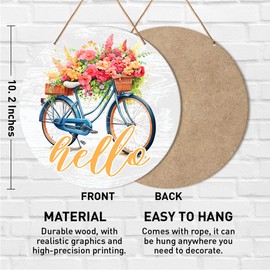 Muktoujaumai Hello Spring Door Sign, Spring Welcome Sign for Front Door Spring Hanging Sign Decorations Farmhouse Bike Decor Wall Sign for Porch, Patio, Home