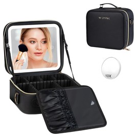 Makeup Bag with 3 Color Led Mirror, PU Leather Travel Cosmetic Bag Makeup Organizer Bag, Portable Makeup Case Adjustable Dividers Storage Box, Gift:_black