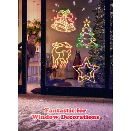 Christmas Window Silhouette Lights Decorations - Pack of 4 Sign Colour Lighted Deer, Xmas Trees, Bell, and Star for Holiday Indoor Wall Door Glass Decor