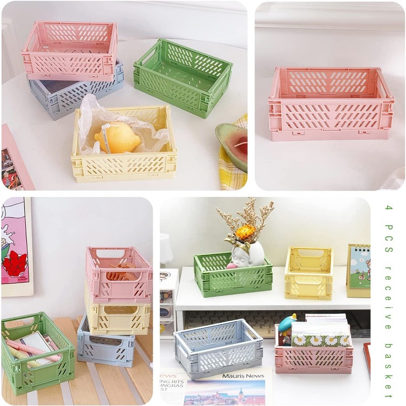 Plastic Folding Baskets - 4Pcs Mini Storage Crates for Desk,