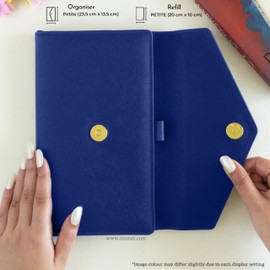 NEORAH — PETITE Notebook SLEEVE with Envelope Flap Closure + Dotgrid JOURNAL | Faux Leather Sleeve + Penloop | Bookmarks | Front & Back pocket | 6 Card Slots - DARK BLUE