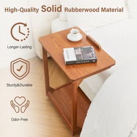 Uniclinens C-Shaped End Table with Wheels, Solid Wood Adjustable C Side Table for Sofa, Bedside Table with Lockable Casters, Wooden Nightstand for Living Room Bedroom, Teak Tone