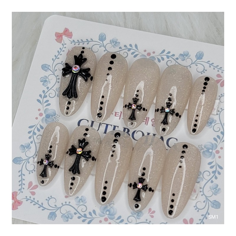 Champagne Cross Handmade Nail Tips - Oval XL / 샴페인