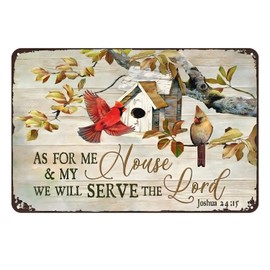 Aenaon As for Me and My House We Will Serve The Lord Retro Metal Tin Sign Wall Decor Coffee Barthroom Garage Bar Room Decor Retro Kitchen Metal Signs Cardinal Bird 8x12 inch