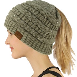 CC Ponytail Messy Bun BeanieTail Soft Winter Knit Stretch Beanie Hat (Sequins Natural Gray)