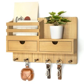Rebee Vision Modern Farmhouse Key Holder Wall Mount with 2 Drawer Organizer - Mail Holder for Wall with 6 Key Hooks - Ideal for Entryway, Kitchen, and Living Room Decor (Light Brown)